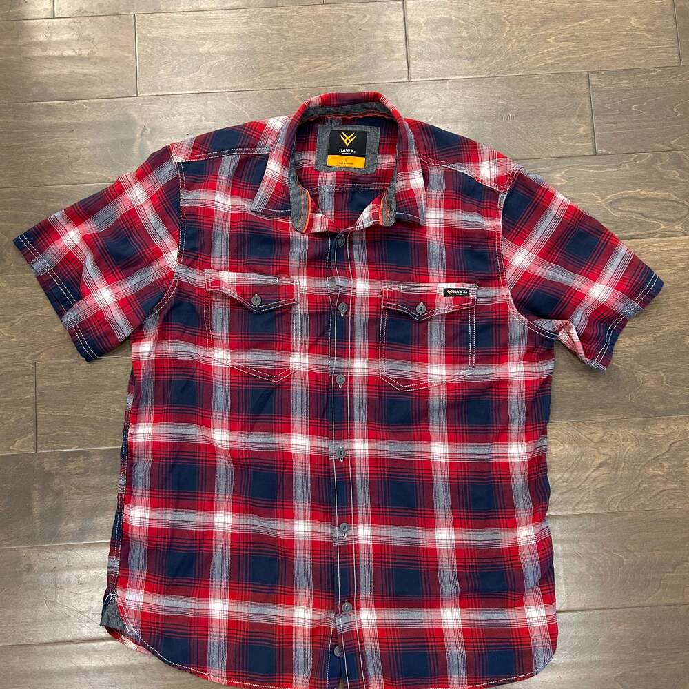 Hawx Work Gear Flannel Shirt Mens Lg Button Up Short‎ Sleeve Plaid Dual Pockets